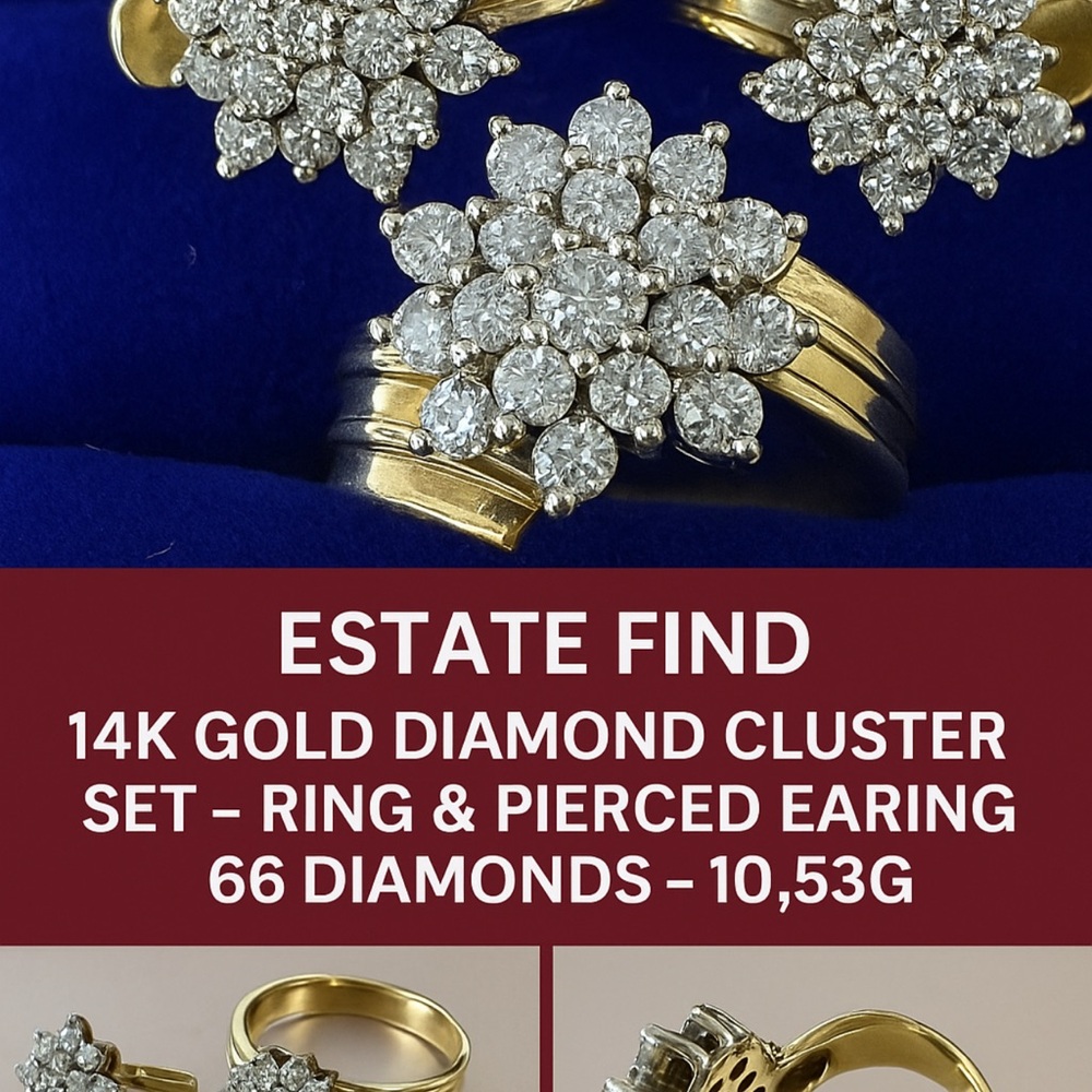 Estate 14K Gold Genuine Brilliant Diamond Cluster Ring & Earrings Set 10.53 g